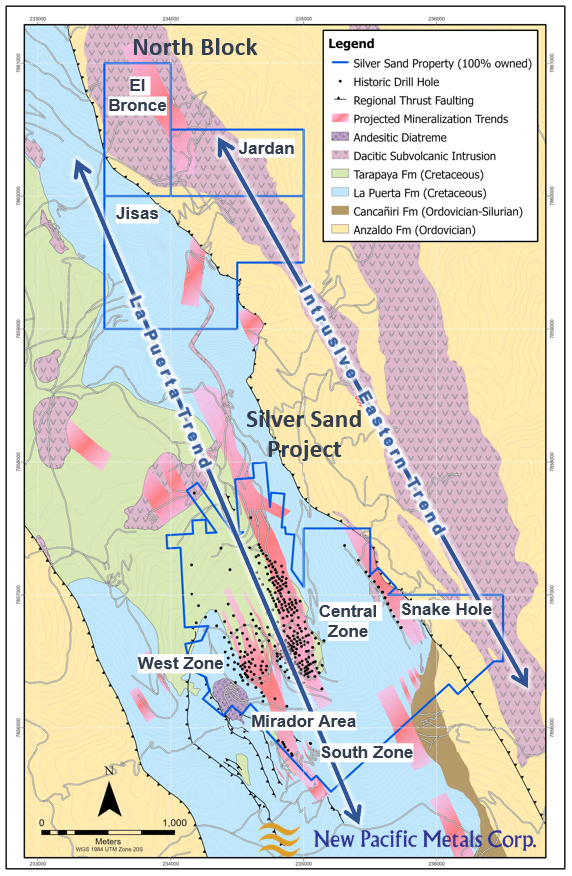 Figure 2: Surface geology map of the Silver Sand Project indicating locations of current drill target areas (the Snake Hole Zone, the North Block properties and PEA-related continuity drilling) and locations of previous diamond drilling.