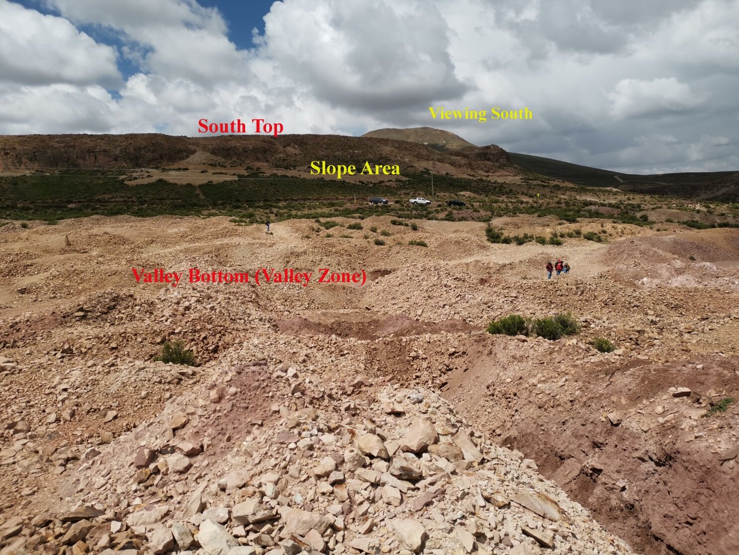 Photo 1: Extensive Mining Diggings and Dumps at the Valley Zone and the South Top